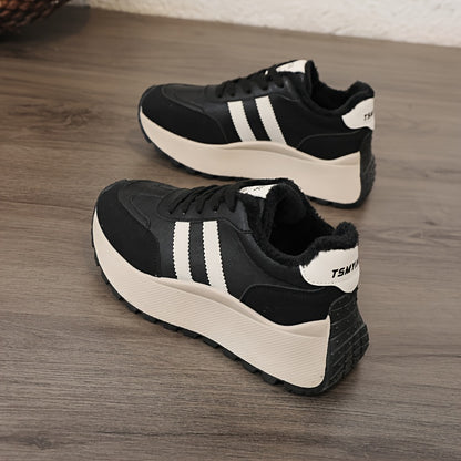 Scarpe da ginnastica invernali da donna con fodera in pile - Scarpe basse con lacci in pelle sintetica con design ricamato e suola spessa e morbida, ideali per un look casual e sportivo, scarpe da ginnastica invernali | Scarpe invernali alla moda | Suola