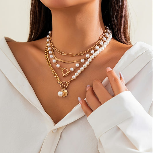 4pezzo Set di collane a catena di serpente d'oro e perle eleganti per donne - Regalo perfetto per mamma, moglie, amante, migliore amica - Gioielli per occasioni quotidiane e da festa, gioielli per ogni giorno | Collana in stile vintage | Lega resistente