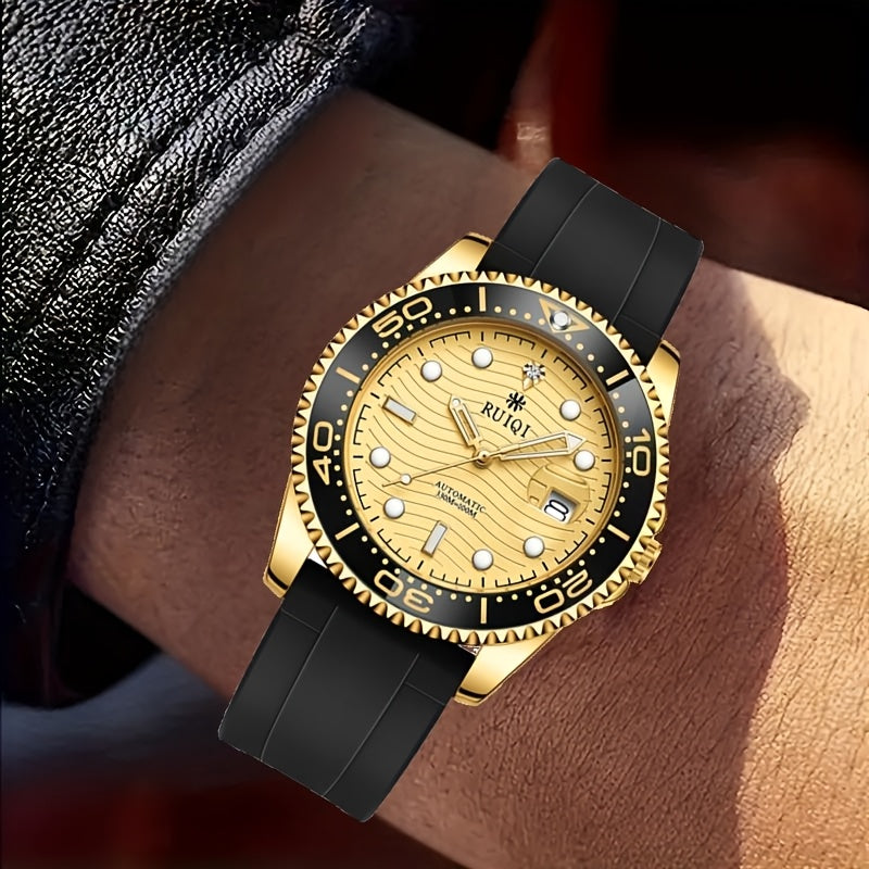 Orologio Meccanico da Uomo RUIQI con Quadrante Luminoso che Brilla al Buio, Faccia Girevole & Display Analogico, Movimento Automatico, Cassa in Tono Oro e Cinturino Nero, Multi-Quadranti per Sport ed Abbigliamento Casual, Elegante orologio analogico di lu