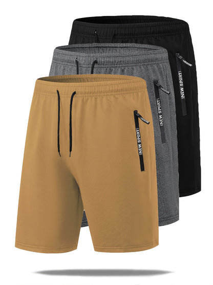 Set di 3 pantaloncini sportivi casual estivi da uomo con elastico in vita e coulisse, con tasche con cerniera, ideali per allenamenti, corsa, palestra e sport all'aria aperta.