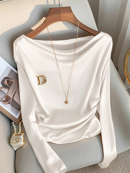 Maglietta elegante a maniche lunghe da donna - Colore solido, vestibilità slim, scollo a giro, poliestere, perfetta per feste, appuntamenti e lavoro, top elegante per tutti i giorni|Top a maniche lunghe e sottili|Tessuto in poliestere