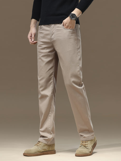 Pantaloni da uomo in tessuto elastico a tinta unita - Comodi e resistenti pantaloni casual da lavoro con chiusura a bottone, vita media, vestibilità regolare, versatile per tutte le stagioni per abbigliamento casual, ufficio e eventi formali, abbigliament