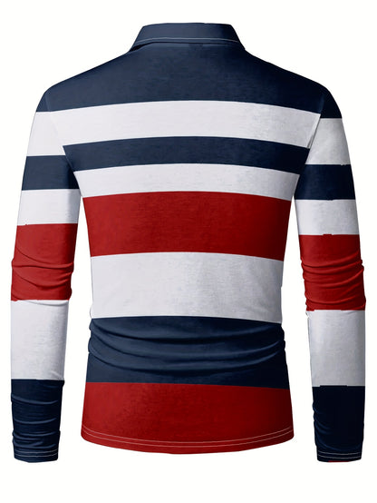 Maglietta polo casual da uomo a maniche lunghe con stampa digitale 3D - Design a righe nere e bianche, colletto con bottoni, vestibilità regolare per abbigliamento casual, abbigliamento confortevole | Stile polo classico | Abbigliamento casual resistente,