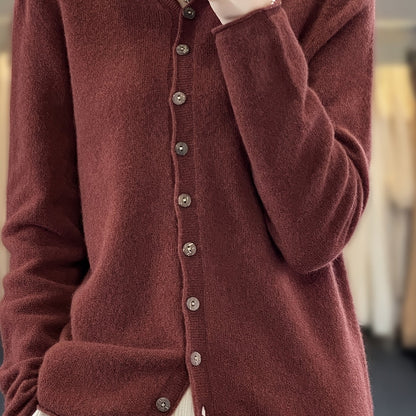 Maglione con cappuccio casual da donna in 100% lana, cardigan lavorato a maglia in lana merino tinta unita, manica lunga, vestibilità regolare, design aperto sul davanti, scelta elegante e calda per l'autunno/inverno, ultra morbido