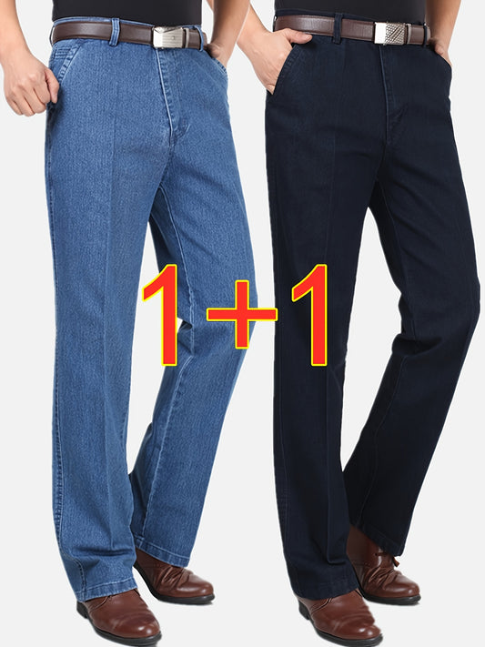2-Pack Pantaloni da uomo in denim finto a vita alta e gamba dritta - Pantaloni da estate leggeri in denim finto con elastico in vita e cerniera integrata, vestibilità ampia, pantaloni casual in blu chiaro e blu scuro, comfort per tutte le stagioni per abb