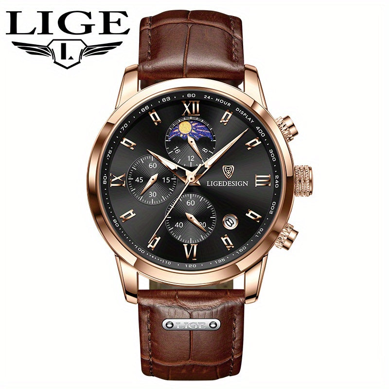 LIGE Fashion Quartz Watch, 24 Ore Calendario/Modalità Luce Notturna/Cinturino in Pelle Sintetica Vera, Orologi da Polso con Charme di Personalità Unica, Scelta Ideale per il Regalo, Adatto per Donne/Uomini