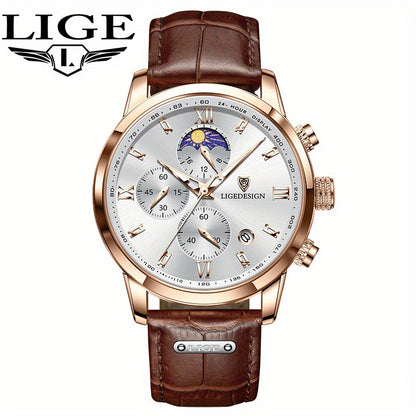 LIGE Fashion Quartz Watch, 24 Ore Calendario/Modalità Luce Notturna/Cinturino in Pelle Sintetica Vera, Orologi da Polso con Charme di Personalità Unica, Scelta Ideale per il Regalo, Adatto per Donne/Uomini