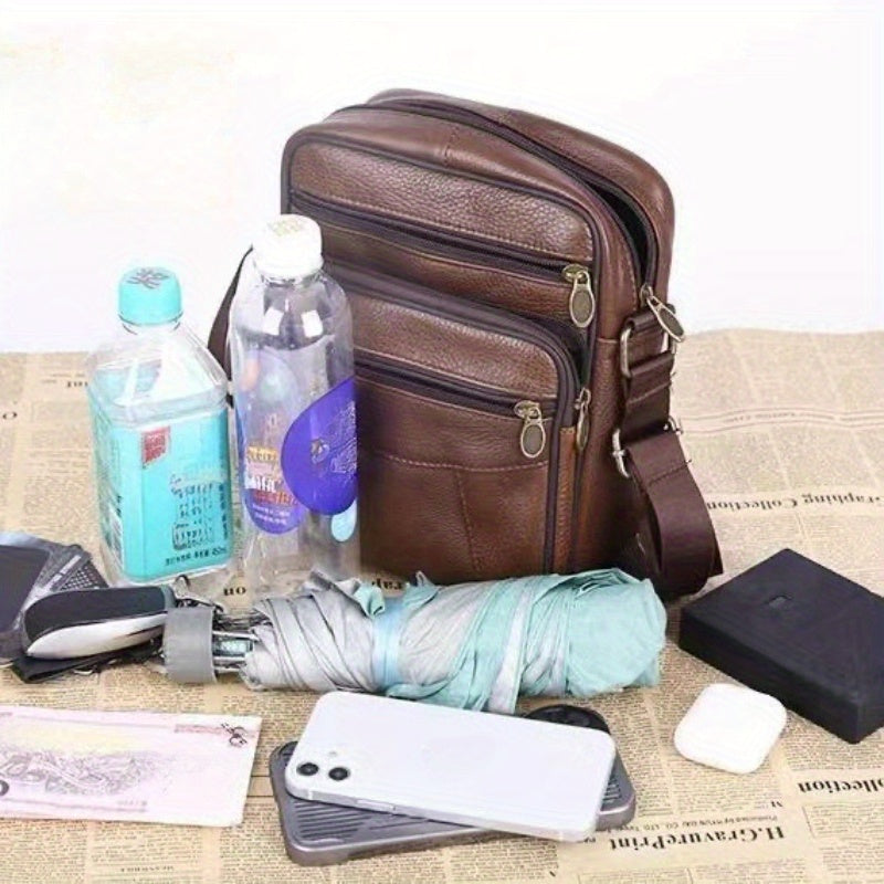 Linea Classic- Borsa a tracolla in vera pelle per uomo - Grande capacità, pelle bovina di alta qualità, marsupio marrone con texture