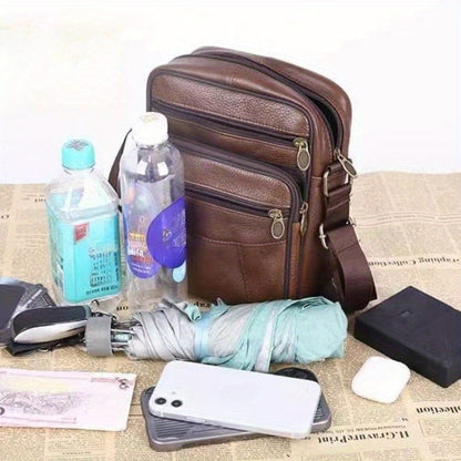 Linea Classic- Borsa a tracolla in vera pelle per uomo - Grande capacità, pelle bovina di alta qualità, marsupio marrone con texture