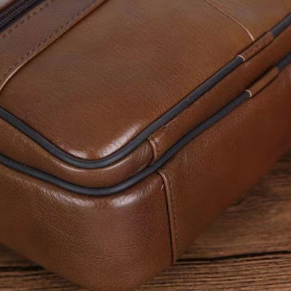 Linea Classic- Borsa a tracolla in vera pelle per uomo - Grande capacità, pelle bovina di alta qualità, marsupio marrone con texture