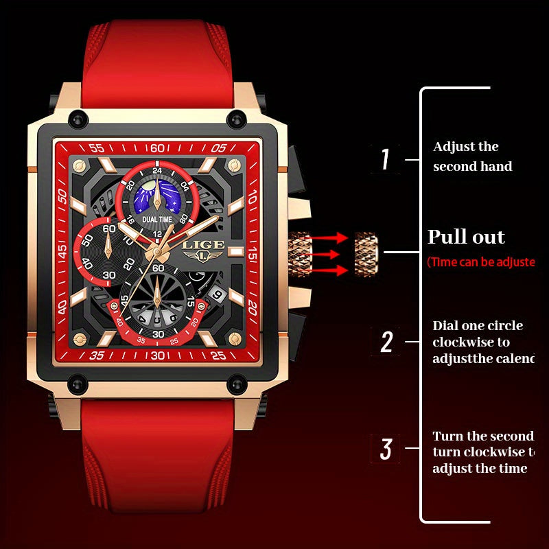 Orologio da polso LIGE da uomo, di lusso, impermeabile, al quarzo, quadrato, da uomo/donna, con data, sportivo, in silicone