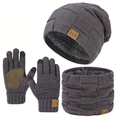 Set invernale in maglia acrilica da 3 pezzi per uomo, tema supereroe, leggero cappello a visiera con pizzo, guanti elastici, calzamaglia con chiusura a scatto, lavabile a mano - Accessori versatili per il giorno della neve