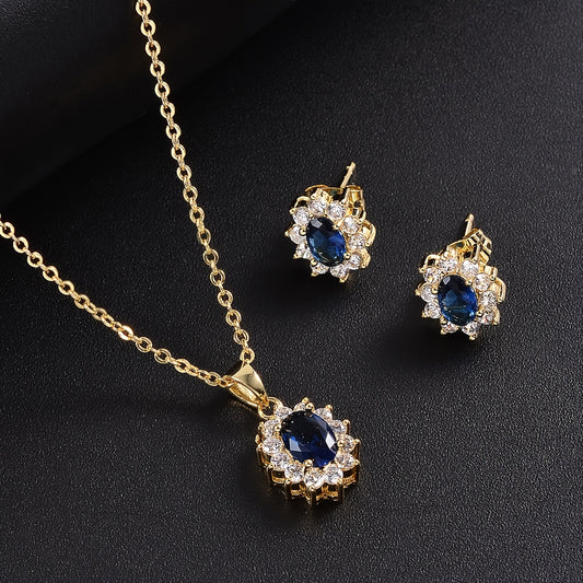 Kit di gioielli a tema girasole con zirconi lucidi taglio ovale intarsiati con collana con pendente e orecchini a bottone Set di gioielli eleganti Regalo di compleanno con benedizione