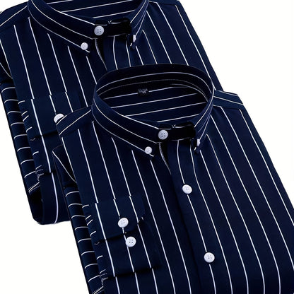 1+1pz Camicia Uomo a Righe con Maniche Lunghe - Colletto Casual, Tessuto Leggero, Ideale per Vacanze al Mare, Appuntamenti e Regali, Top Classico a Righe