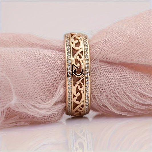 1 pezzo, Anello largo con texture floreale incisa, stile elegante e lussuoso, con pietre di strass luccicanti incastonate, accessorio delicato e alla moda per l'uso quotidiano e le feste, idea regalo per gli amici.