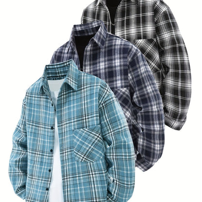Set di 3 camicie a quadri da uomo - Camicie casual a vestibilità ampia con bottoni, colletto, maniche lunghe e tasche sul petto per abbigliamento primaverile/autunnale da esterno, capispalla versatili e alla moda, abbigliamento primaverile autunnale | Des