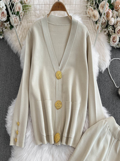 Set di cardigan e pantaloni in maglia elegante a due pezzi, cardigan con bottoni a maniche lunghe e scollo a V, pantaloni a gamba dritta, abbigliamento da donna
