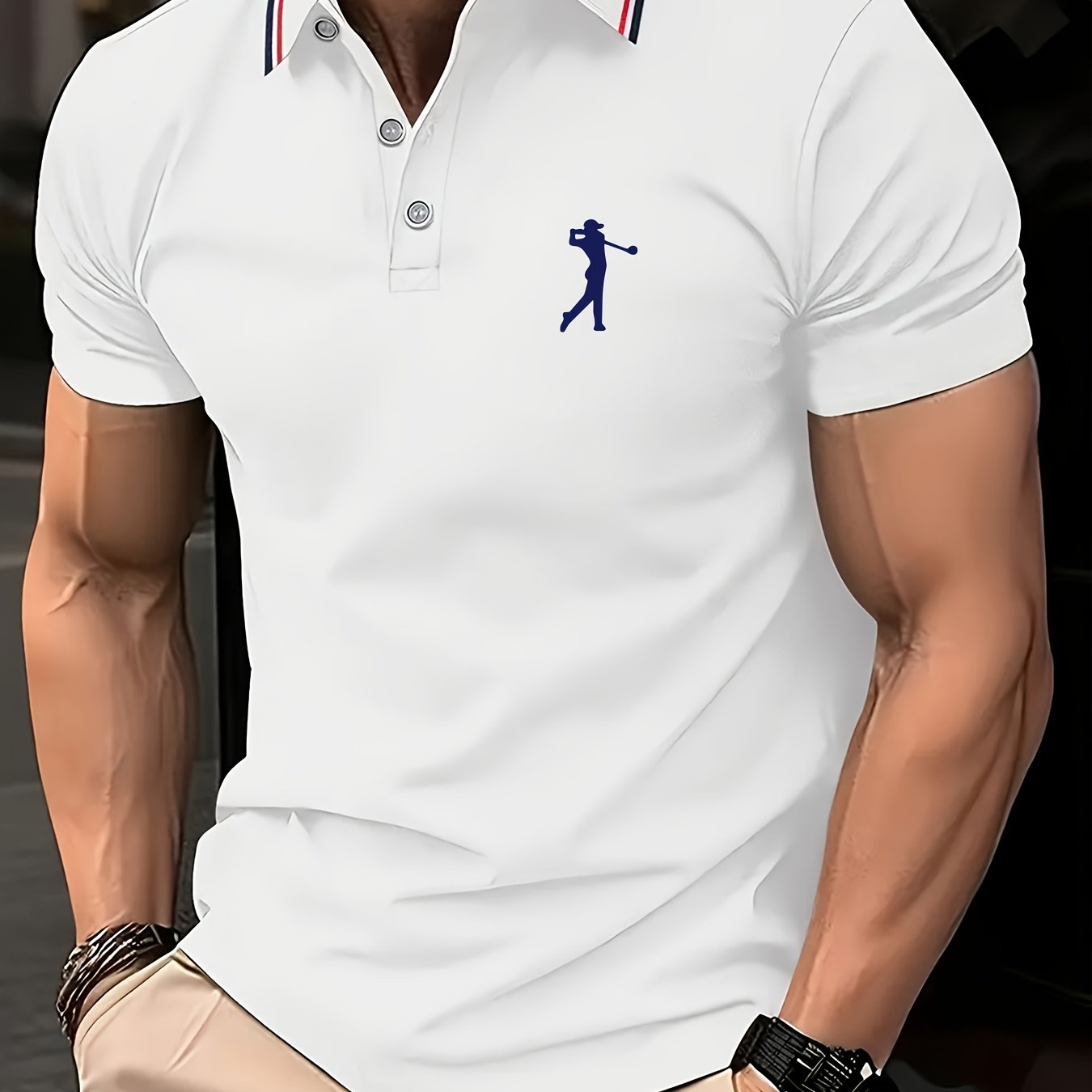 Maglietta da Uomo a Maniche Corte Bianca con Stampa Rosso per Golf, Colletto e Polsini a Righe, Tessuto Traspirante per Estate e Abbigliamento Casual, Lavabile in Lavatrice, Vestibilità Regolare