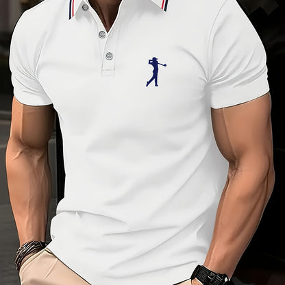 Maglietta da Uomo a Maniche Corte Bianca con Stampa Rosso per Golf, Colletto e Polsini a Righe, Tessuto Traspirante per Estate e Abbigliamento Casual, Lavabile in Lavatrice, Vestibilità Regolare