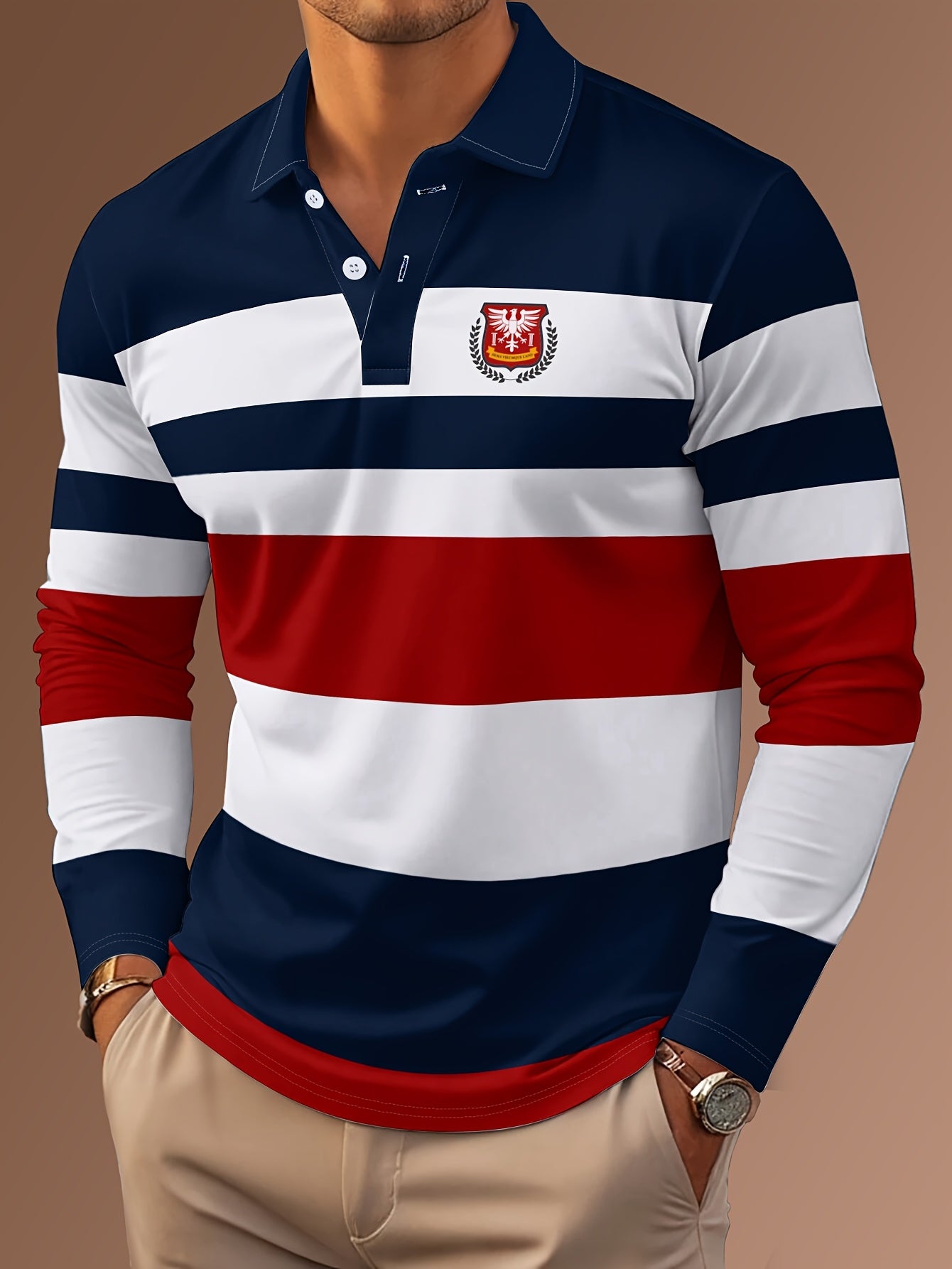 Maglietta polo casual da uomo a maniche lunghe con stampa digitale 3D - Design a righe nere e bianche, colletto con bottoni, vestibilità regolare per abbigliamento casual, abbigliamento confortevole | Stile polo classico | Abbigliamento casual resistente,