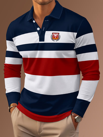 Maglietta polo casual da uomo a maniche lunghe con stampa digitale 3D - Design a righe nere e bianche, colletto con bottoni, vestibilità regolare per abbigliamento casual, abbigliamento confortevole | Stile polo classico | Abbigliamento casual resistente,