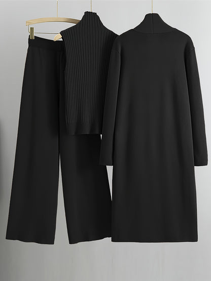 Set Invernale da Donna 3 Pezzi - Elegante Tuta Ispirata al Stile Coreano con Blazer a Collo, Pantaloni a Gamba Larga e Giacca | Lavabile a Mano per Ufficio e Semi-Formale, Beige/Marrone/Blu Navy/Taupe (Non Lavare a Secco)