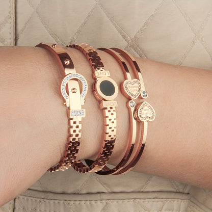 3 pezzi, bracciale da donna in acciaio inossidabile, pendente romano a doppia amore intarsiato con zirconi scintillanti, alla moda e versatile, molto adatto per l'uso quotidiano e come regalo