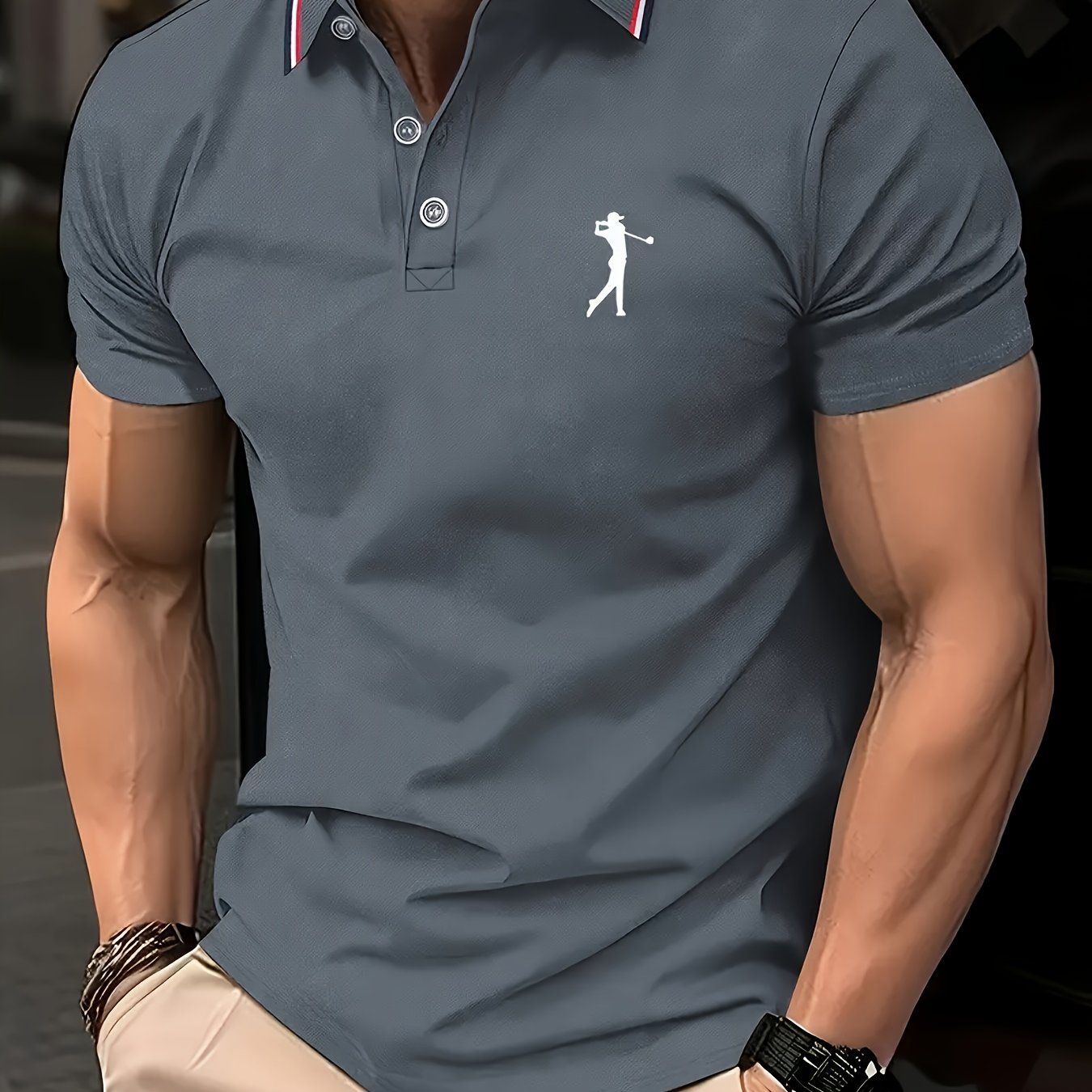 Maglietta da Uomo a Maniche Corte Bianca con Stampa Rosso per Golf, Colletto e Polsini a Righe, Tessuto Traspirante per Estate e Abbigliamento Casual, Lavabile in Lavatrice, Vestibilità Regolare