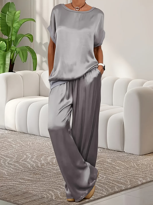 Taglie forti - Taglie forti - Set di eleganti pantaloni a maniche a pipistrello e a gamba larga per donne di taglie forti - Colore solido, scollo a giro, top a maniche corte con pantaloni a gamba larga fluente, outfit casual e elegante per abbigliamento c