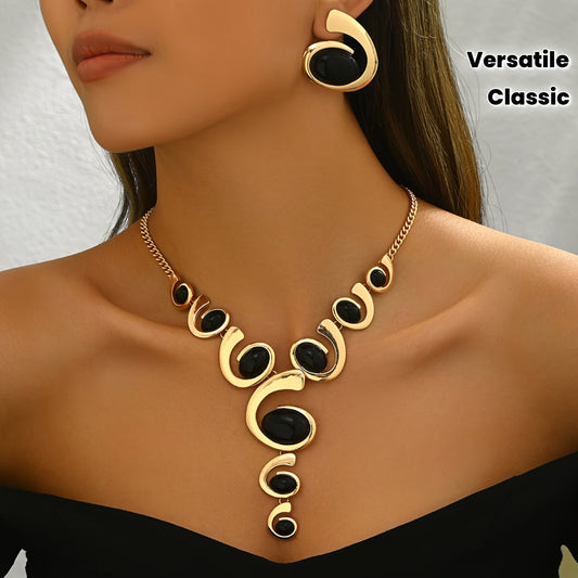 1 Set Boho Classic 2 pezzi Set di gioielli da donna, forma a spirale con intarsi di strass neri, collana a Y e orecchini, lega, versatile per l'uso quotidiano e per le feste