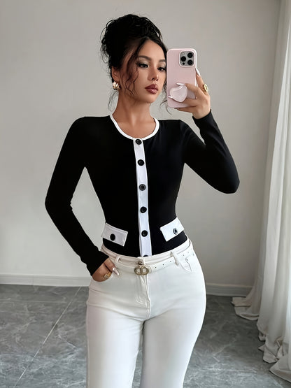 Women's Elegant Black & White Contrast Long Sleeve T-Shirt with Round Neck & Decorative Collar - Mid-Stretch Office to Casual Top, Faux Pocket Design, Spring/Fall Wardrobe Essential (Hand Washable, Non-See-Through)