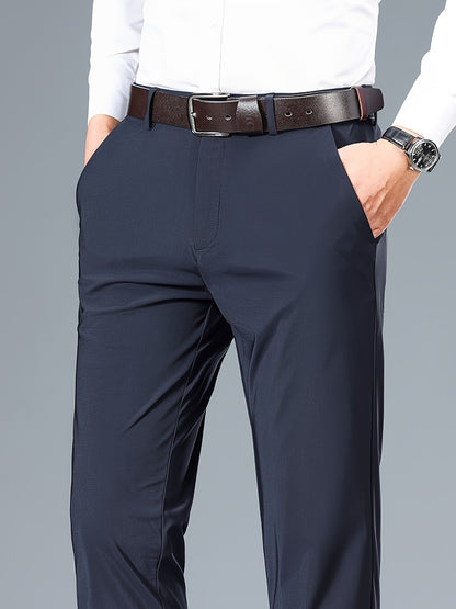 2025 Nuovi Pantaloni da Uomo in Tessuto Fibra Slicky Ice ad Alta Elasticità - tocco liscio, traspirante e elasticizzato, vestibilità regolare a vita media con dettagli di bottoni per ufficio e casual, comfort per tutte le stagioni, abbigliamento da uffici