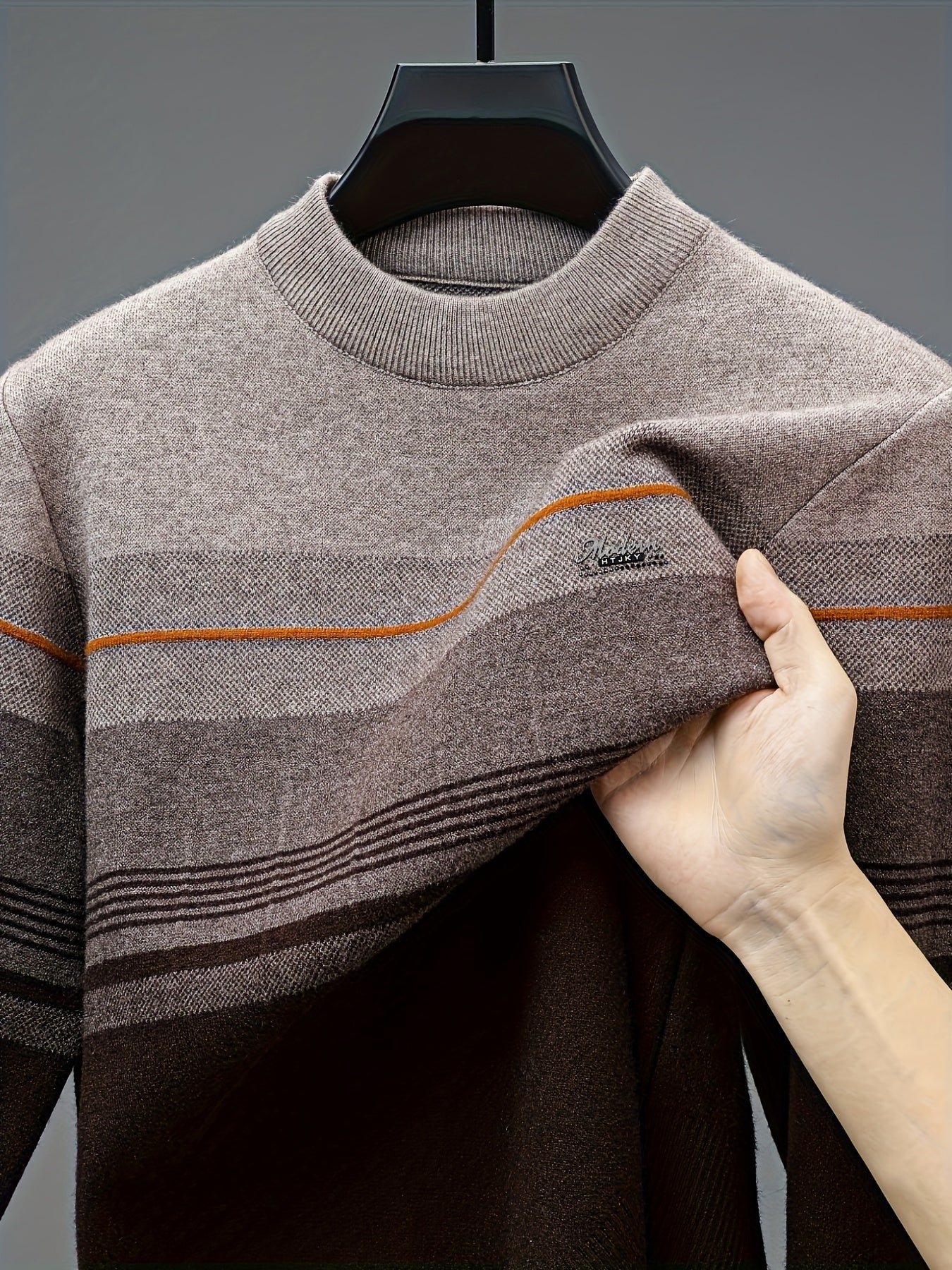 Maglione a maniche lunghe da uomo in maglia - Morbido pullover elasticizzato con strisce marroni/orizzontali, maglione invernale a girocollo per outfit di tutti i giorni e formali, regalo ideale per la festa del papà, marito, fidanzato - Abbigliamento aut