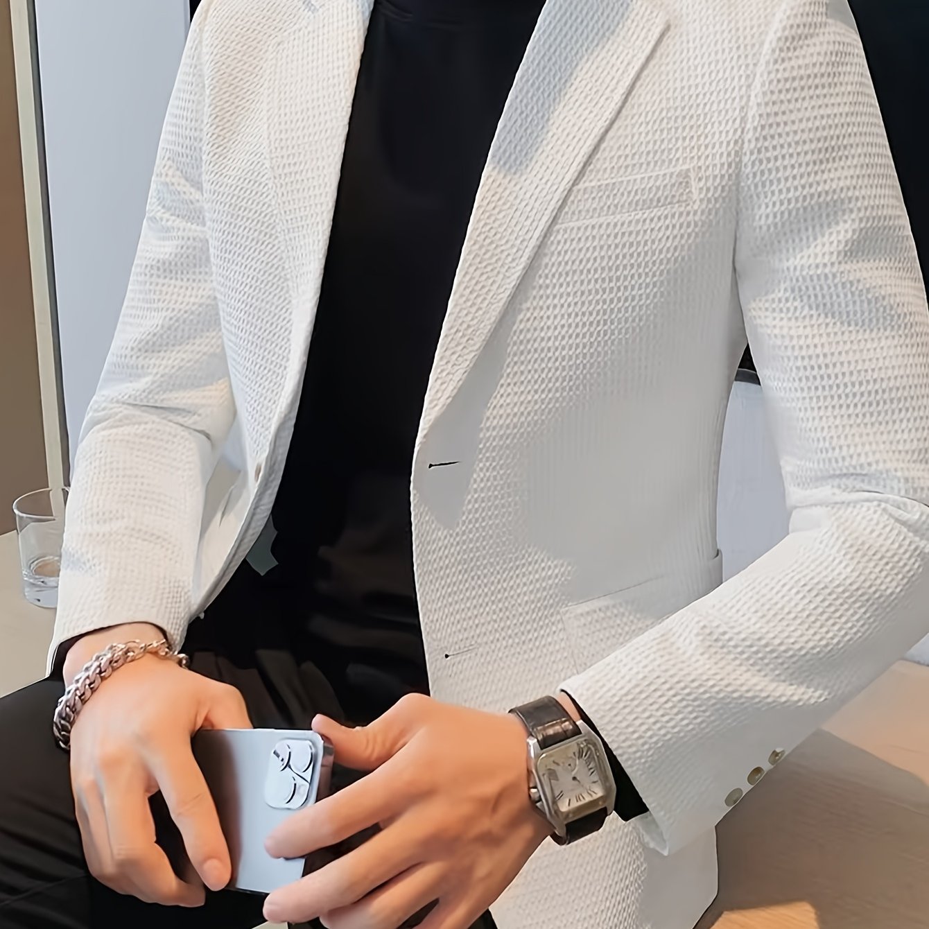 Linea Classic - Blazer a maniche lunghe in maglia waffle per uomo