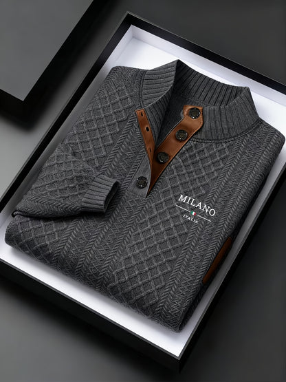 Maglione da uomo pesante in maglia 280g/m² - Blu navy e marrone, colletto con risvolto e bottoni, maglione invernale a maniche lunghe per clima freddo, ufficio, outfit casual - Regalo ideale per uomo, maglione, abbigliamento da ufficio, maglieria texturiz