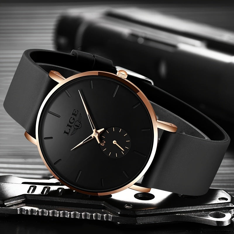 LIGE Orologio da Uomo di Lusso Sportivo Quartz - Ultra Sottile, IP68, Nero con Accenti in Tonalità Dorata, Design Semplice per Indumenti Casual e Formali, Orologio per Tutti i Giorni, Orologio Elegante