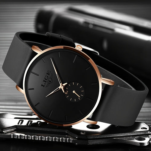 LIGE Orologio da Uomo di Lusso Sportivo Quartz - Ultra Sottile, IP68, Nero con Accenti in Tonalità Dorata, Design Semplice per Indumenti Casual e Formali, Orologio per Tutti i Giorni, Orologio Elegante