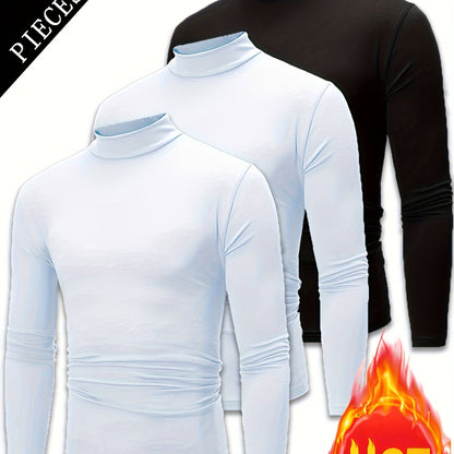 3pcs Camicie a maniche lunghe con collo alto in pile termica per uomo - Slim Fit Stand Collar Base Layer, Top casual invernali a tinta unita per strati, Bianco/Nero/Azzurro marino, Essenziali per il tempo freddo, Collo alto elegante, Camicia comoda