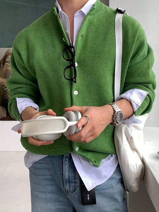 Maglione Cardigan Casual da Uomo - Tinta Unita con Maniche Lunghe e Bottoni, Pullover a Collo Rotondo Regular Fit per Autunno Inverno, Pezzo Versatile da Indossare sopra Jeans & Pantaloni Eleganti, Tessuto Confortevole