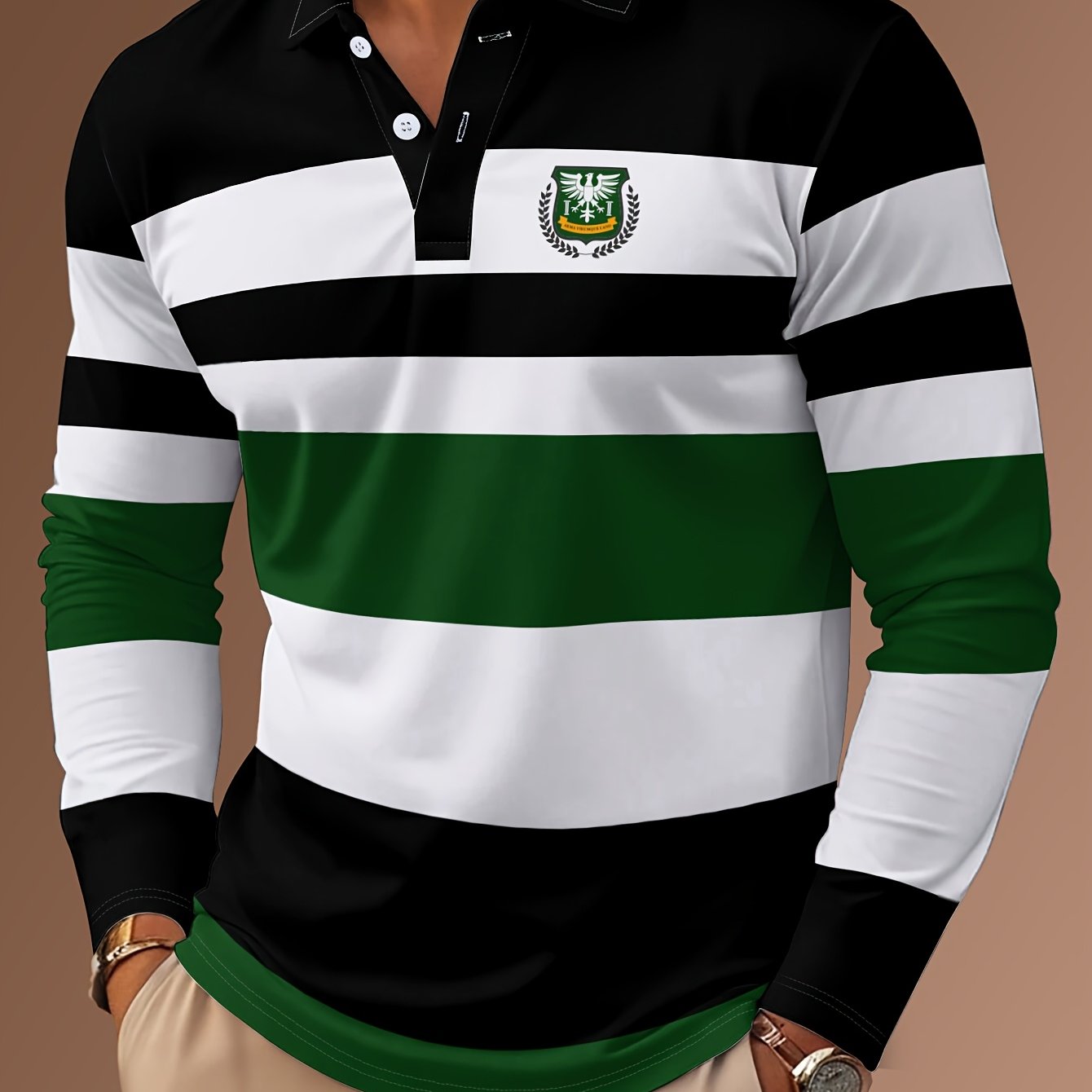 Maglietta polo casual da uomo a maniche lunghe con stampa digitale 3D - Design a righe nere e bianche, colletto con bottoni, vestibilità regolare per abbigliamento casual, abbigliamento confortevole | Stile polo classico | Abbigliamento casual resistente,