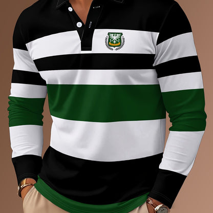 Maglietta polo casual da uomo a maniche lunghe con stampa digitale 3D - Design a righe nere e bianche, colletto con bottoni, vestibilità regolare per abbigliamento casual, abbigliamento confortevole | Stile polo classico | Abbigliamento casual resistente,