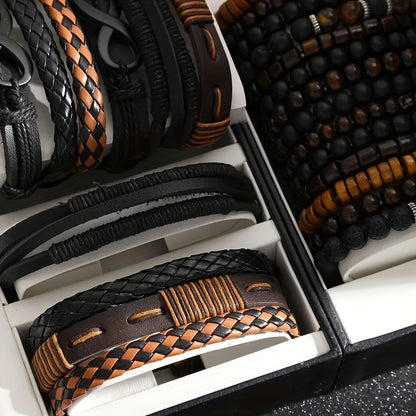 24 pezzi Set di Accessori di Moda da Uomo, Braccialetti in Pelle Sintetica e Perline di Legno in Stile Street, Design Versatili a Strati per Abbigliamento Casual, con Confezione Multipla per Regali (Scatola Non Inclusa)