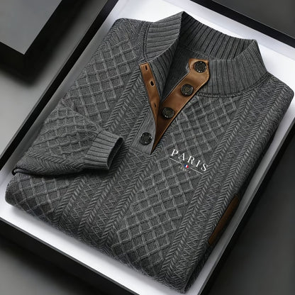 Maglione da uomo pesante in maglia 280g/m² - Blu navy e marrone, colletto con risvolto e bottoni, maglione invernale a maniche lunghe per clima freddo, ufficio, outfit casual - Regalo ideale per uomo, maglione, abbigliamento da ufficio, maglieria texturiz