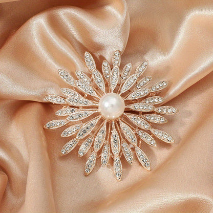 Spilla a doppio strato di lusso con perle di imitazione e strass, accessorio di moda per abbigliamento femminile, versatile per l'uso quotidiano, compatibile con tutte le stagioni.