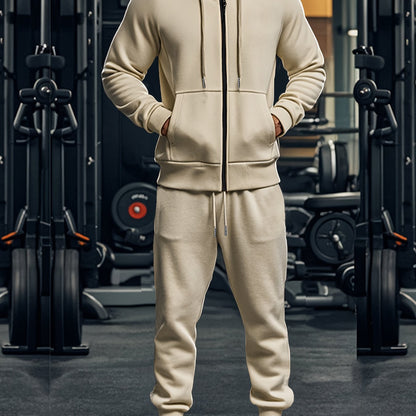 Set di 2 pezzi da uomo con felpa con cappuccio a tinta unita a maniche lunghe + pantaloni, set casual sportivo da fitness coordinato