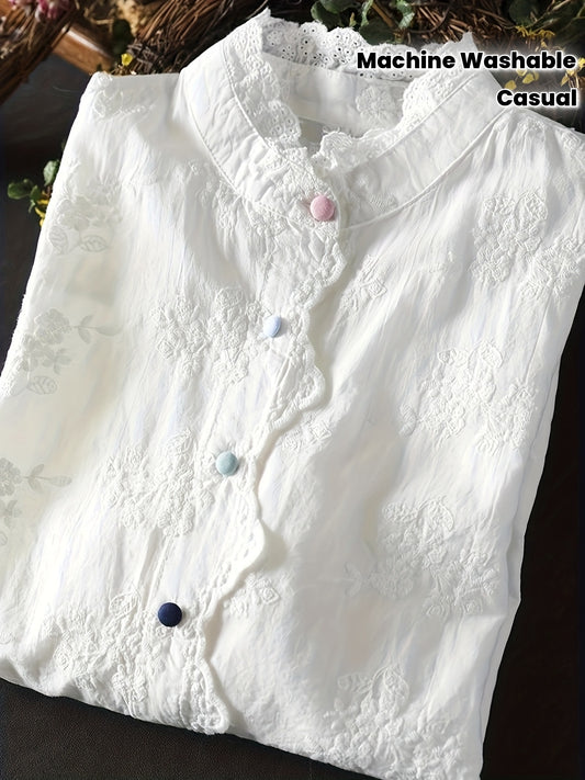 Women's Loose Embroidered Blouse with Floral Embroidery & Lace Trim - Stand-Up Collar Long Sleeve Button Front Shirt, Machine Washable All-Season Top for Casual & Office Wear
