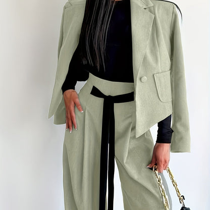 BK052044 Elegant Suit Jacket and Waist-Tie Loose Straight-Leg Wide-Leg Pants Women's Two-Piece Suit