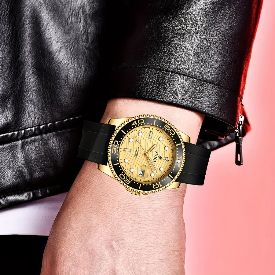 Orologio Meccanico da Uomo RUIQI con Quadrante Luminoso che Brilla al Buio, Faccia Girevole & Display Analogico, Movimento Automatico, Cassa in Tono Oro e Cinturino Nero, Multi-Quadranti per Sport ed Abbigliamento Casual, Elegante orologio analogico di lu