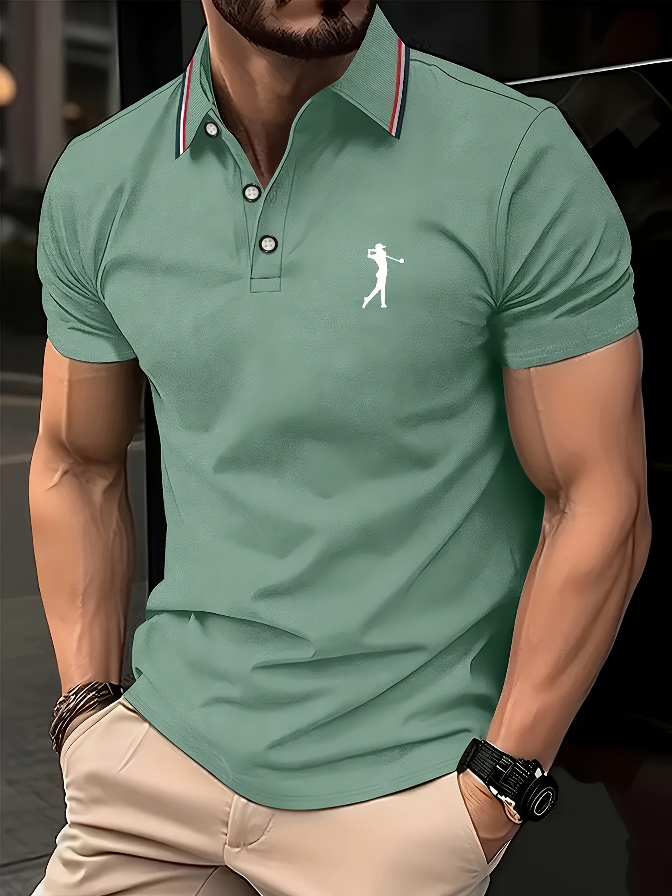 Maglietta da Uomo a Maniche Corte Bianca con Stampa Rosso per Golf, Colletto e Polsini a Righe, Tessuto Traspirante per Estate e Abbigliamento Casual, Lavabile in Lavatrice, Vestibilità Regolare