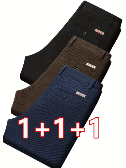 3 pezzi Pantaloni Eleganti da Uomo in Velluto a Coste - Casual Business Leggero, Semi-Formale, Tinta Unita, Vestibilità Regolare, Comfort per Tutte le Stagioni, Marrone, Blu Navy, Perfetti per Ufficio o Abbigliamento Casual, Abbigliamento da Ufficio|Aspet